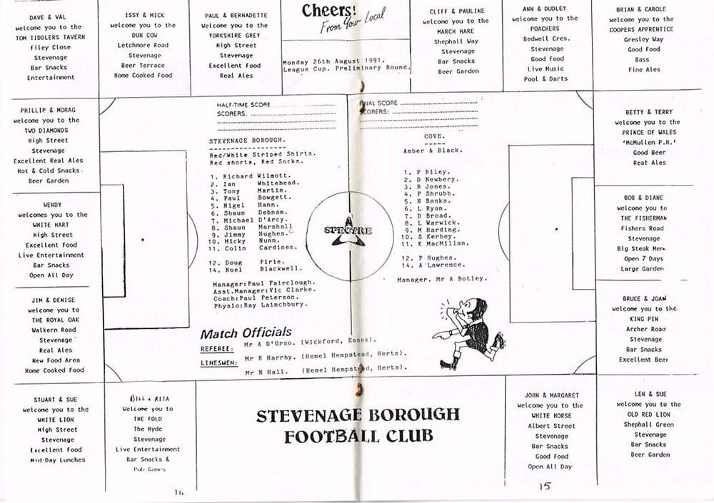 Stevenage Borough met Cove in the 1991-2 Diadora League Cup