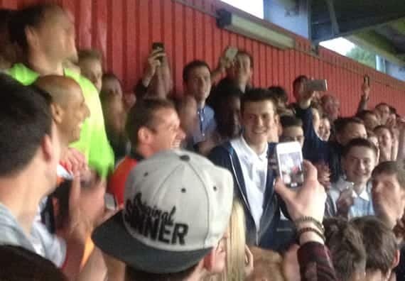 Match For Mitch: In keeping with the spirit of the evening, Graham Westley joined the supporters on the East Terrace along with Ashley Bayes and Dino Maamria for songs and drum-banging. Stimmo also came across.