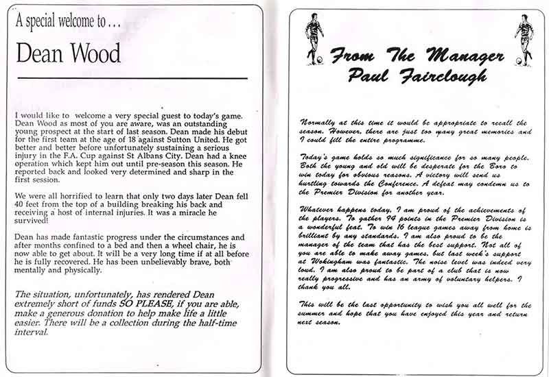 On the first page of this spread is a warm welcome to Boro' prospect Dean Wood. On the second page are words from boss Paul Fairclough.